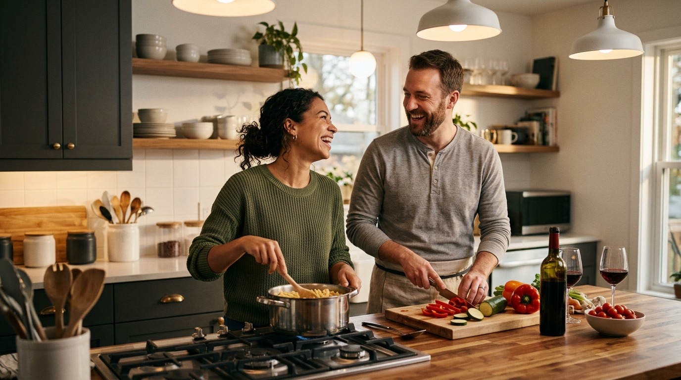 A married couple laughing and cooking together in a cozy kitchen during an at-home date night