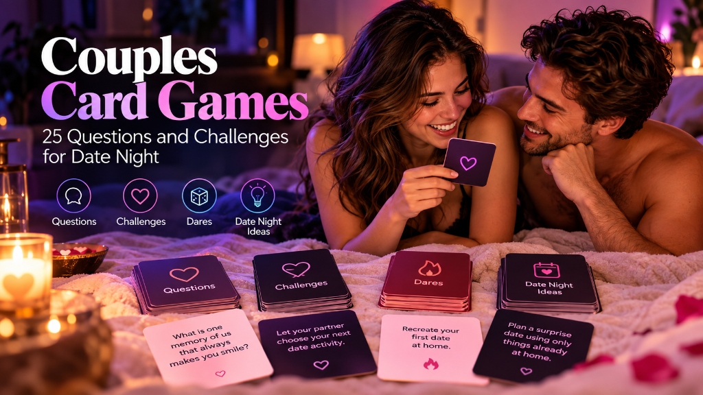 Couple playing couples card games during a cozy date night