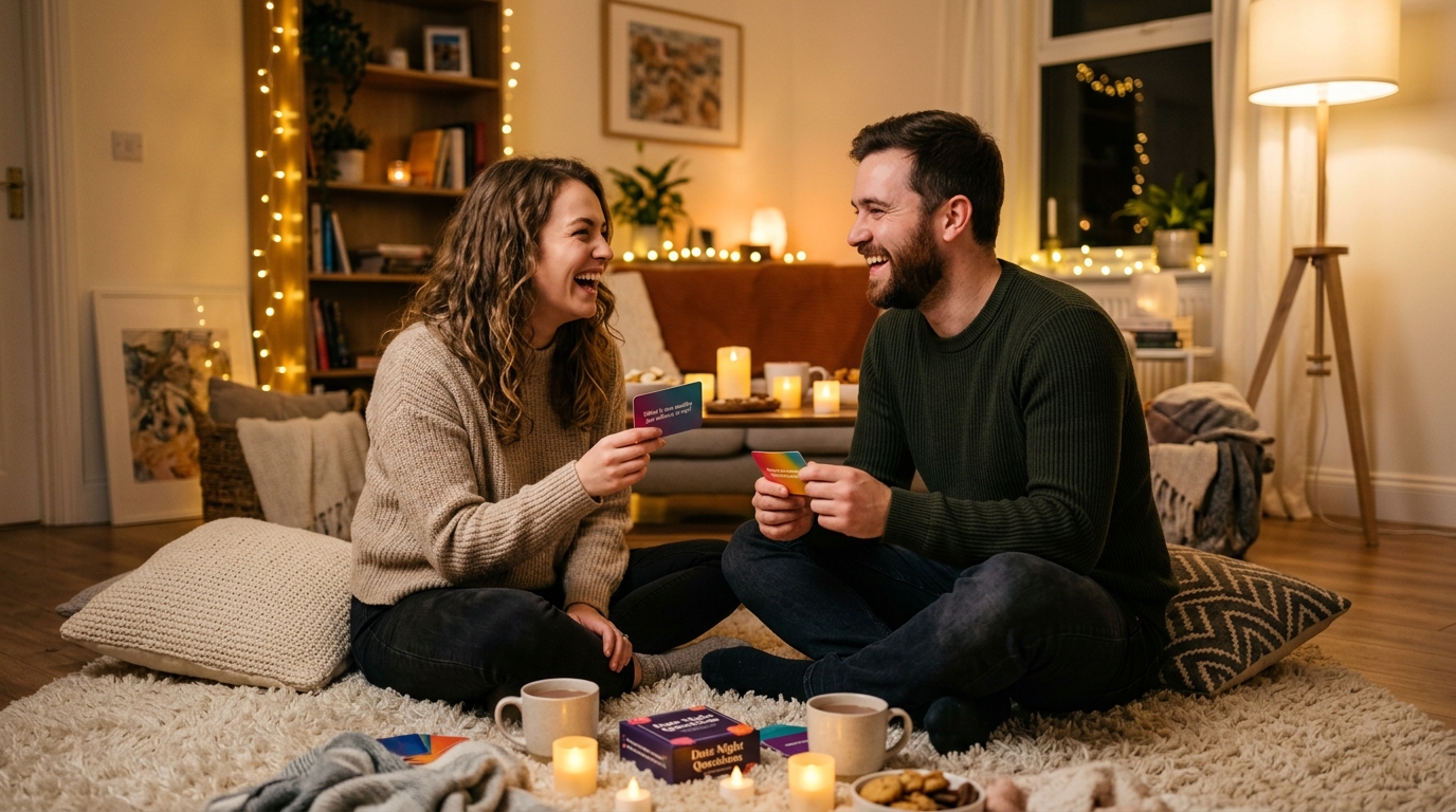 Loving couple sitting on a living room rug laughing warmly while playing a couples connection game with candles