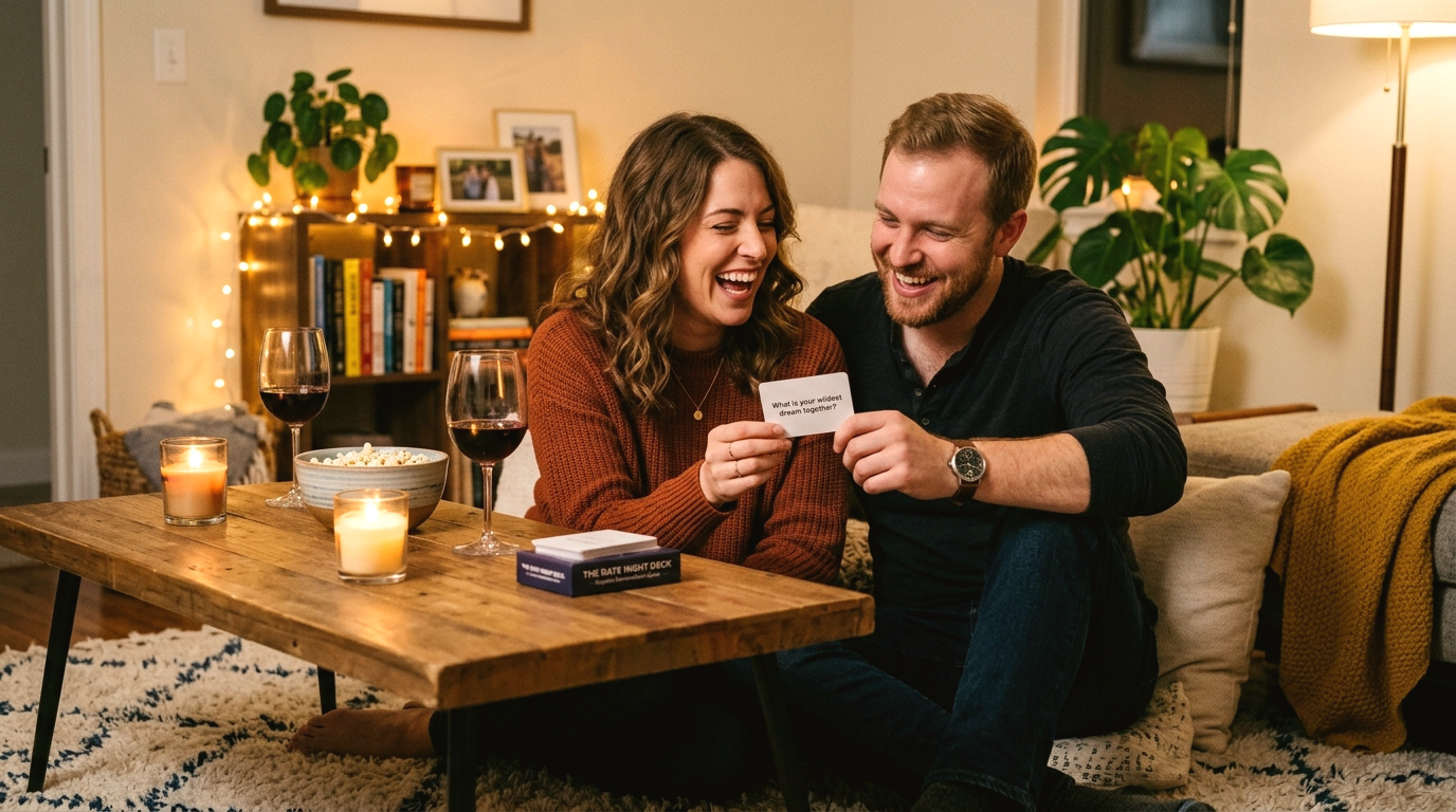 Happy couple sitting together on a living room sofa laughing joyfully while playing a connection game on their phone