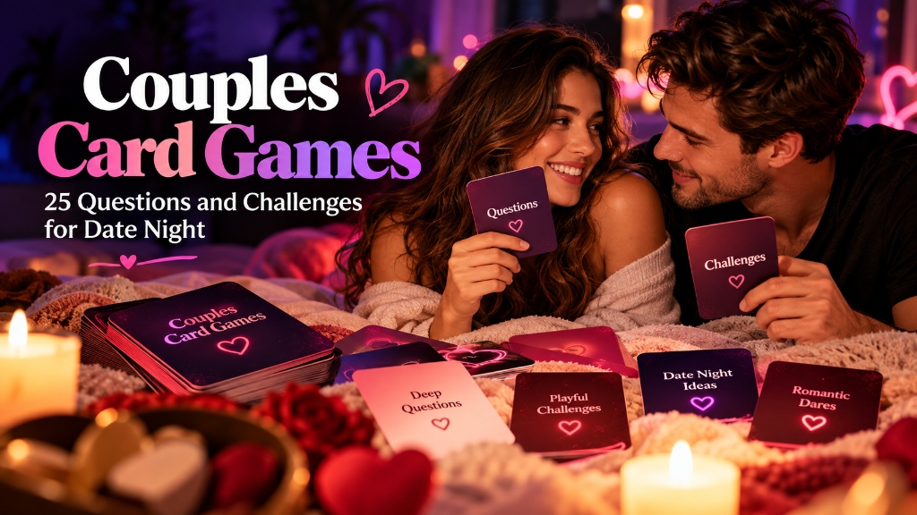 Couple playing intimacy games together during a romantic bedroom date night