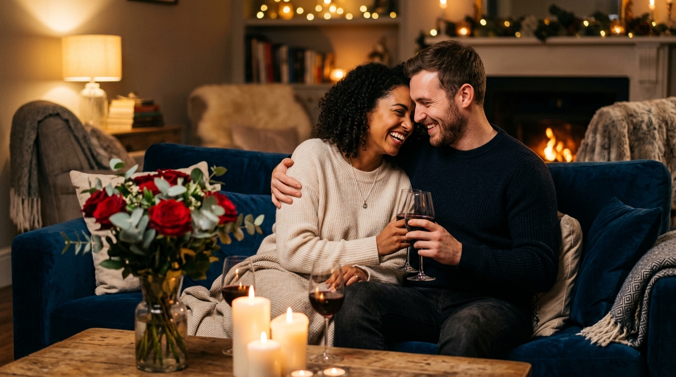 Romantic couple sharing an intimate candlelit date night with wine and games