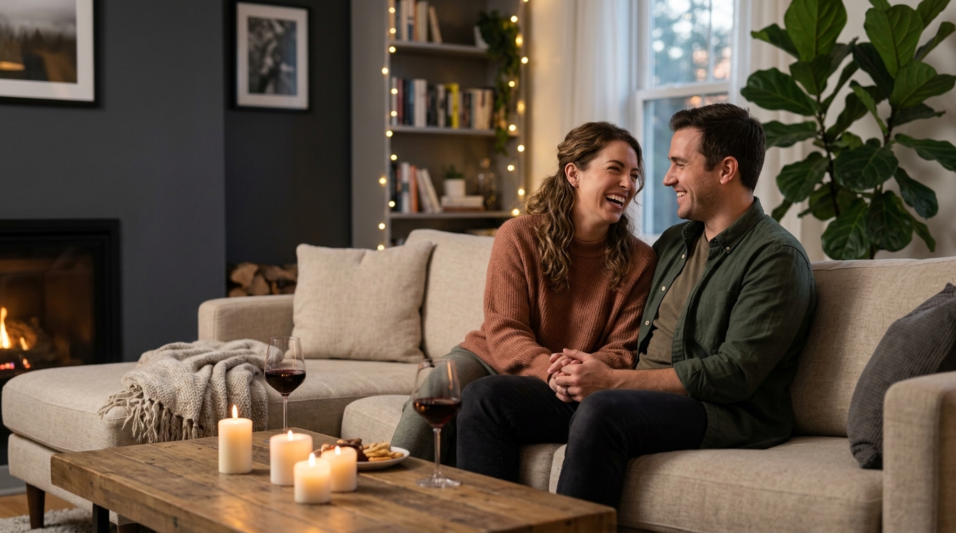 Romantic couple having fun playing a free couples game together at home during date night