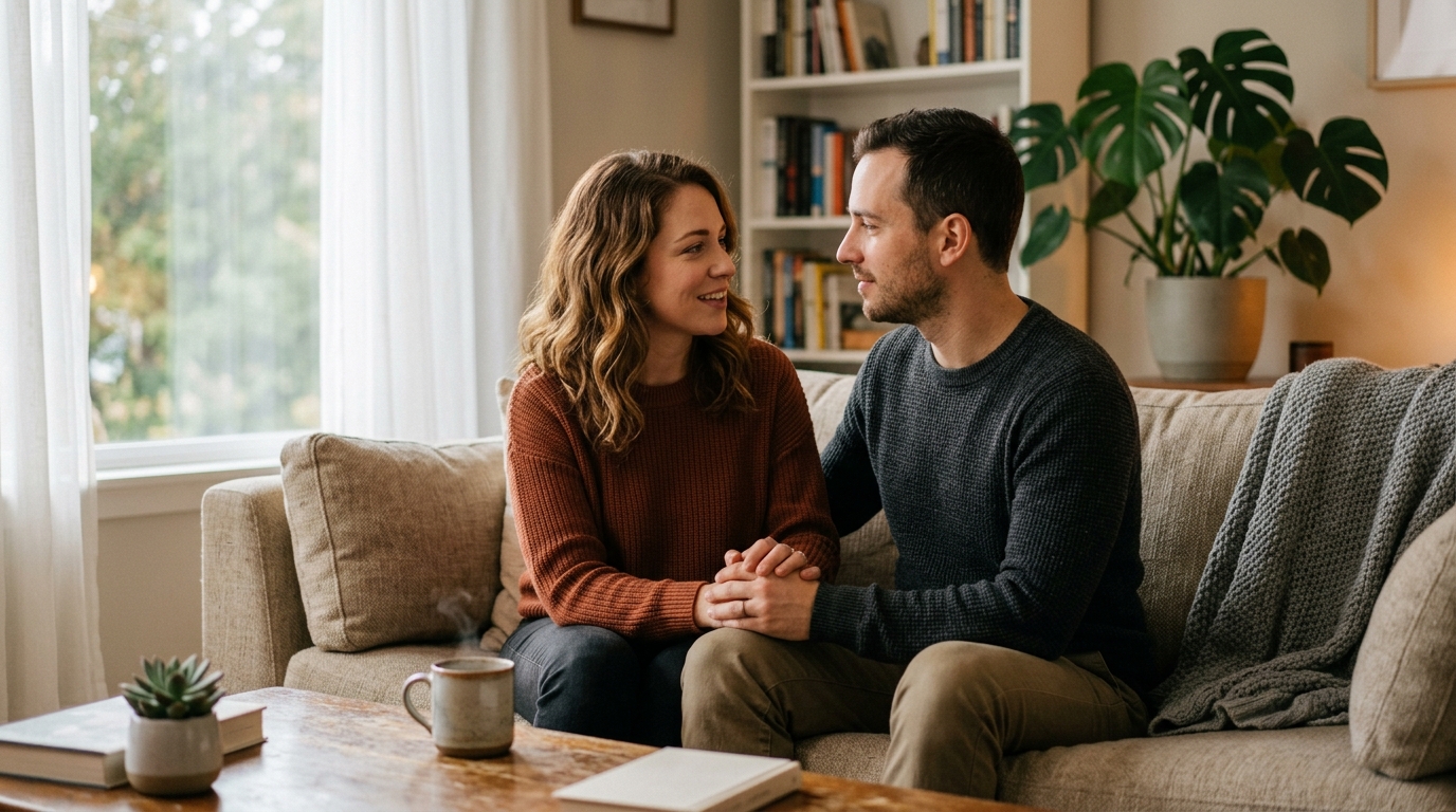 Thoughtful couple sitting together on a living room sofa having an honest, caring conversation about intimacy