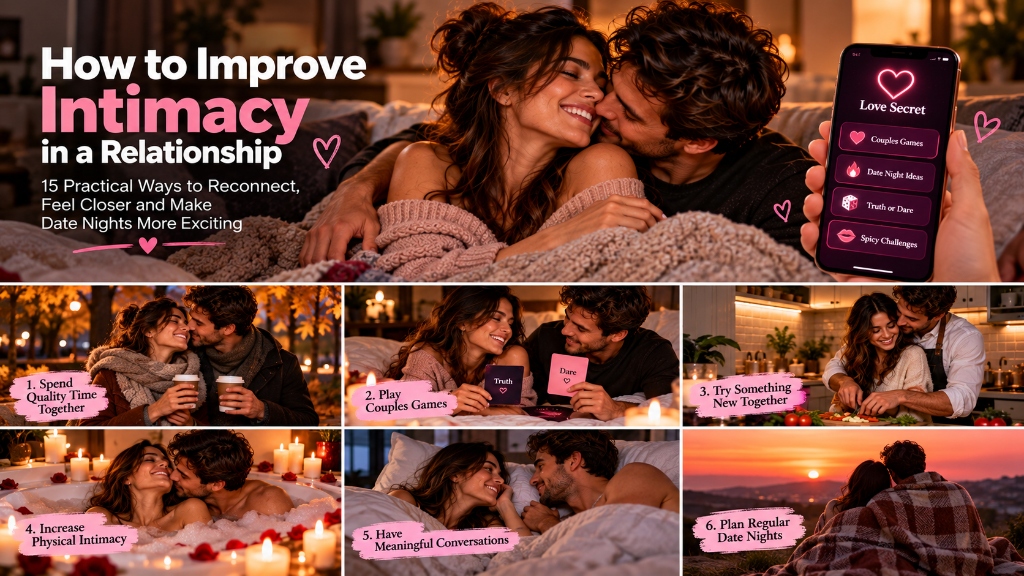 6 key ways to improve intimacy in a relationship: quality time, couples games, novelty, physical touch, deep conversations, and regular date nights