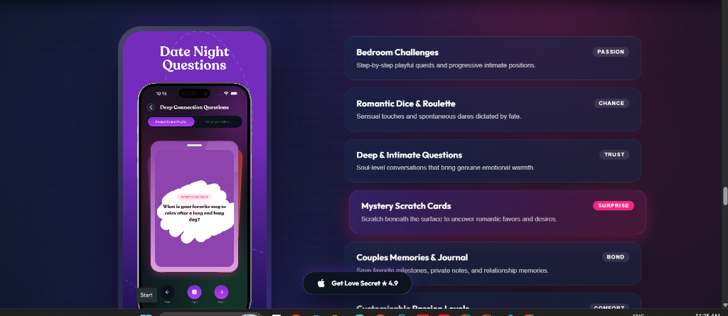 Love Secret 情侣游戏 App 功能界面：深度情侣问答、浪漫骰子与神秘刮刮卡挑战