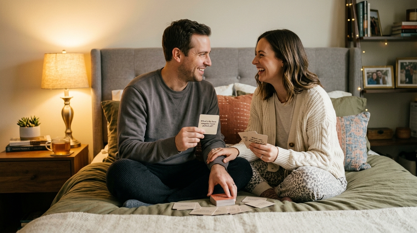 Romantic couple sharing an affectionate and intimate moment in a cozy bedroom