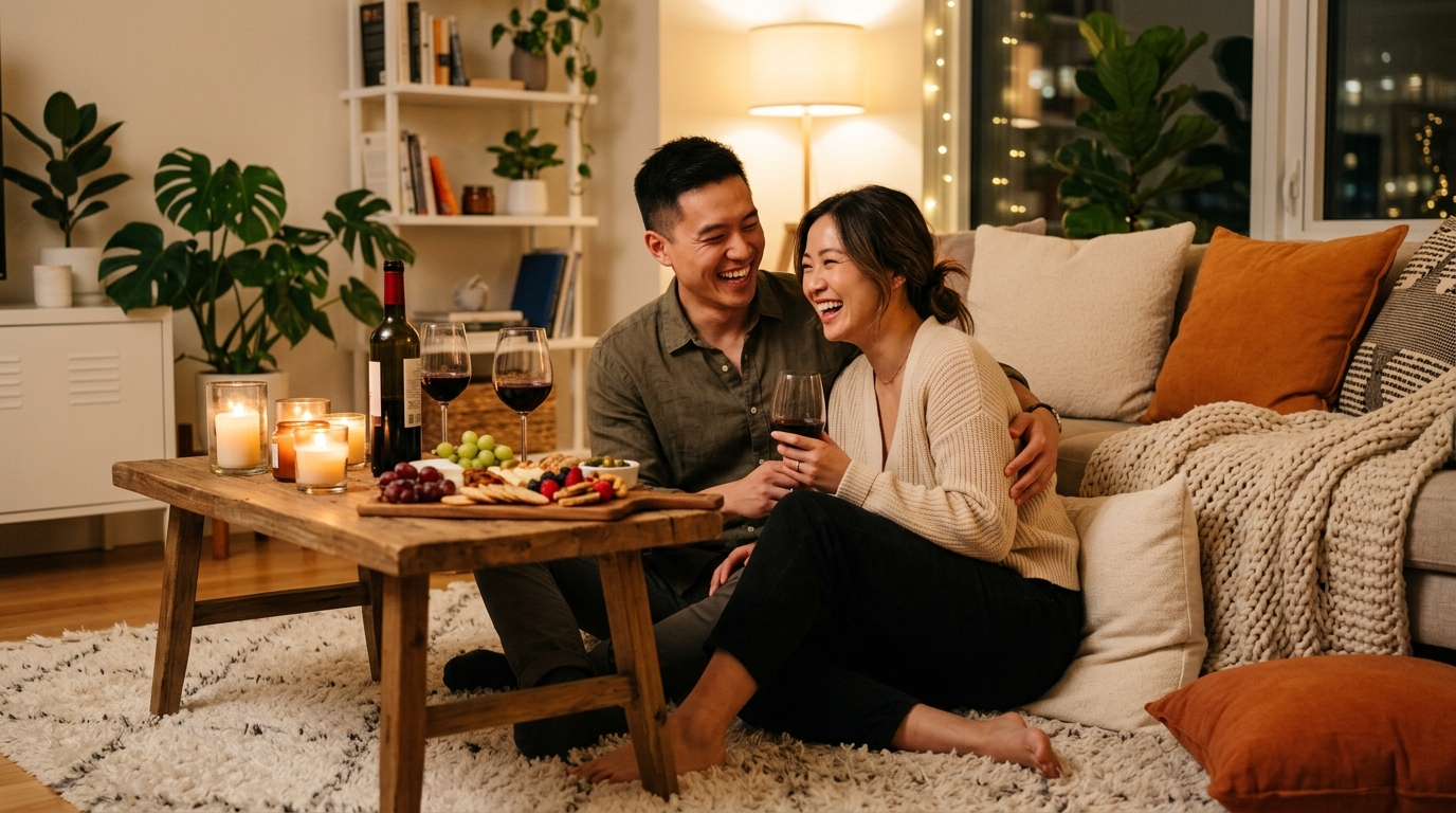 中国年轻情侣在现代公寓的客厅地毯上促膝而坐，桌上摆着温热茶饮与烛光，两人相视而笑温馨互动