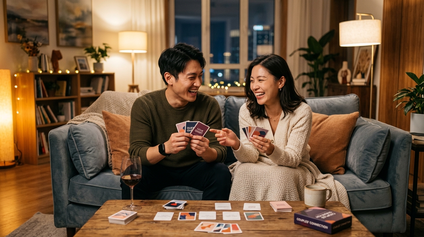 中国年轻情侣在温馨舒适的客厅沙发上放松互动玩情侣卡牌小游戏