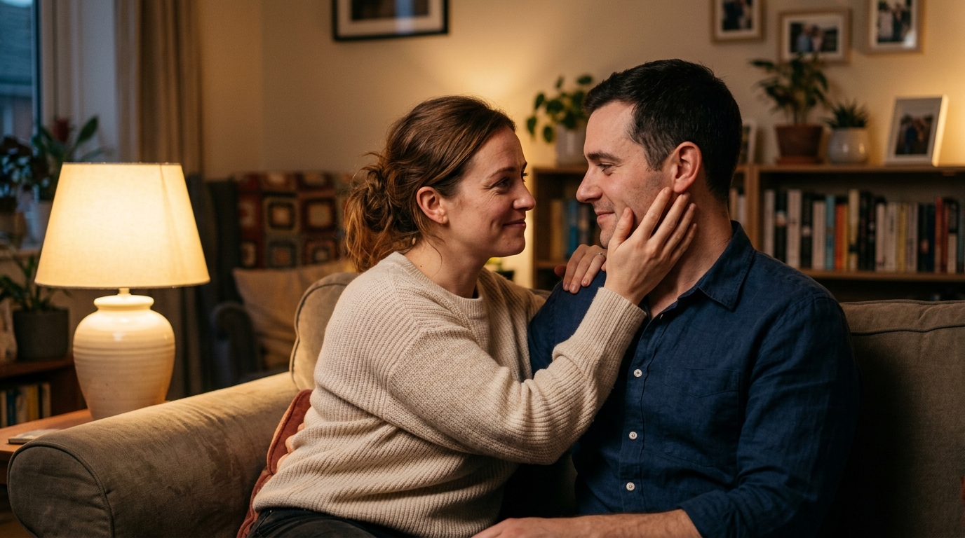 Couple looking into each others eyes with soft smiles and mutual trust during a quiet moment at home