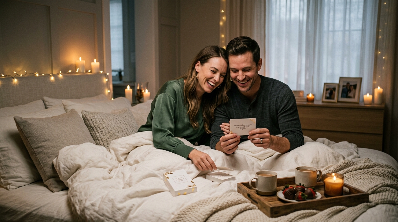 Couple laughing together playing cards on the bed with soft lighting