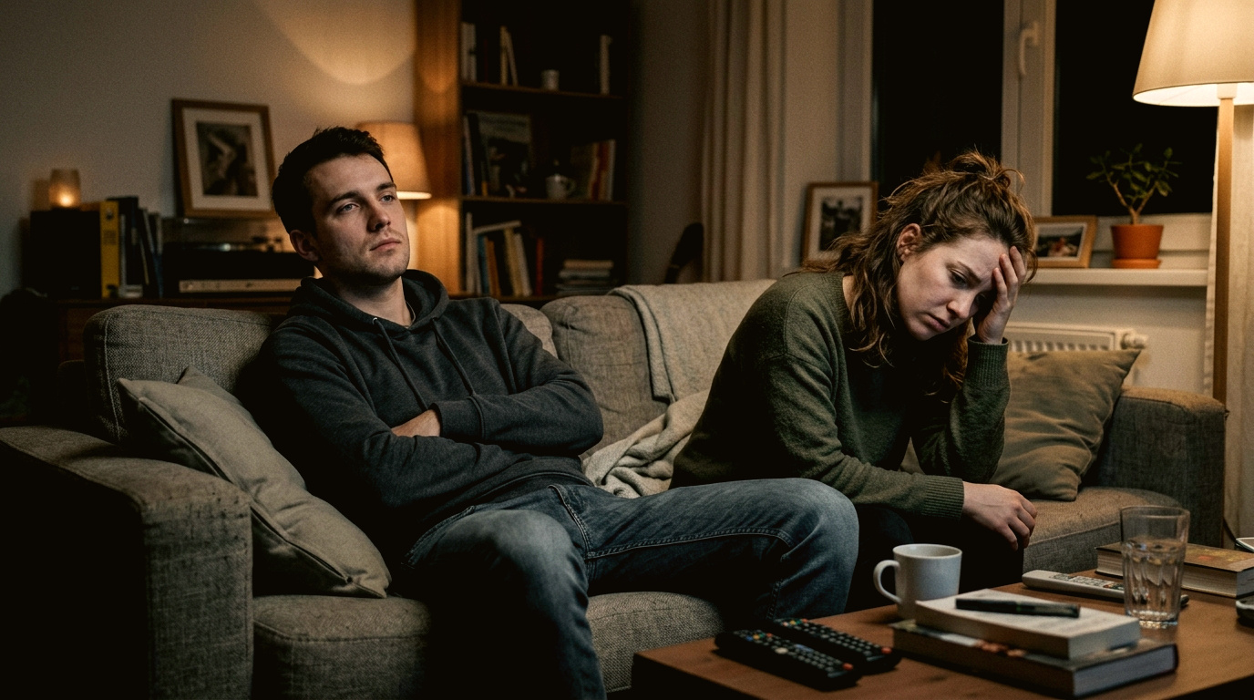 Peaceful couple cuddling gently on a sofa experiencing emotional safety and relief from bedroom pressure
