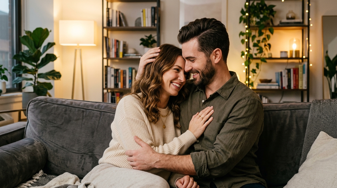 Modern American couple sharing a romantic and affectionate moment together at home