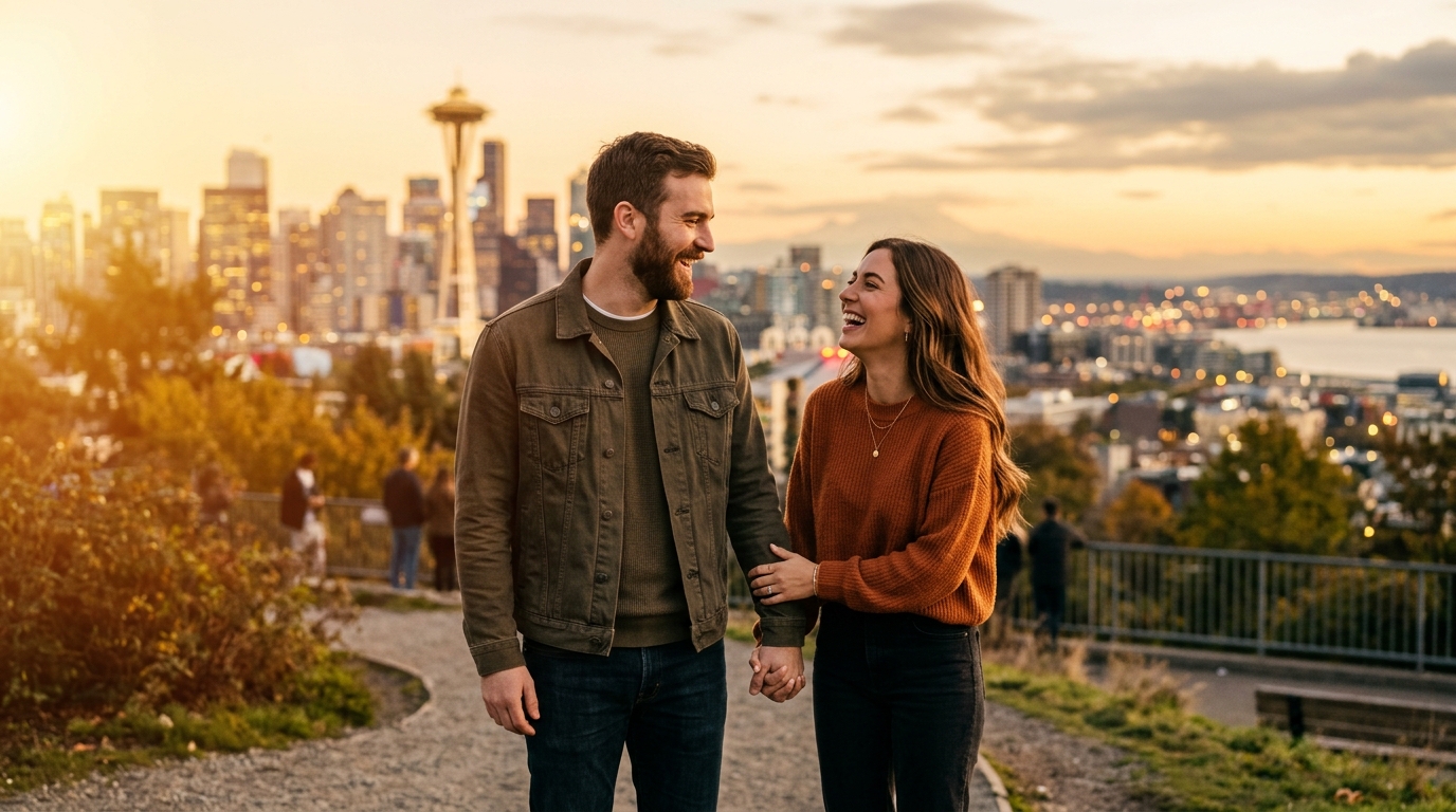 American couple enjoying an affectionate sunset date in an outdoor park setting with warm golden light